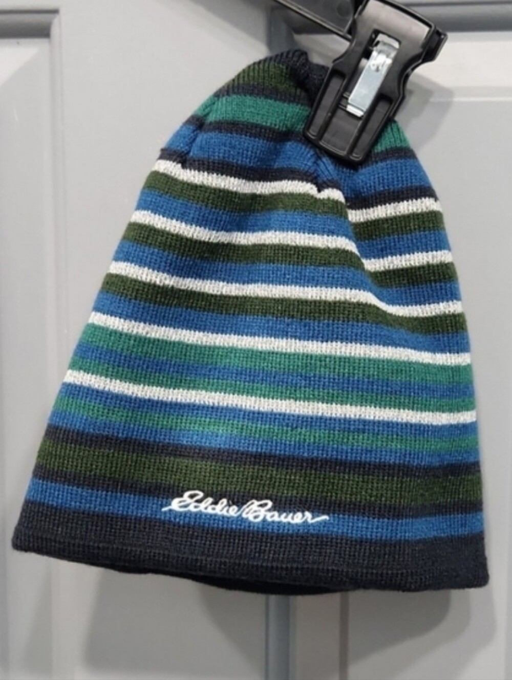 NWOT Reversible Eddie Bauer Blue Green Gray Striped Beanie